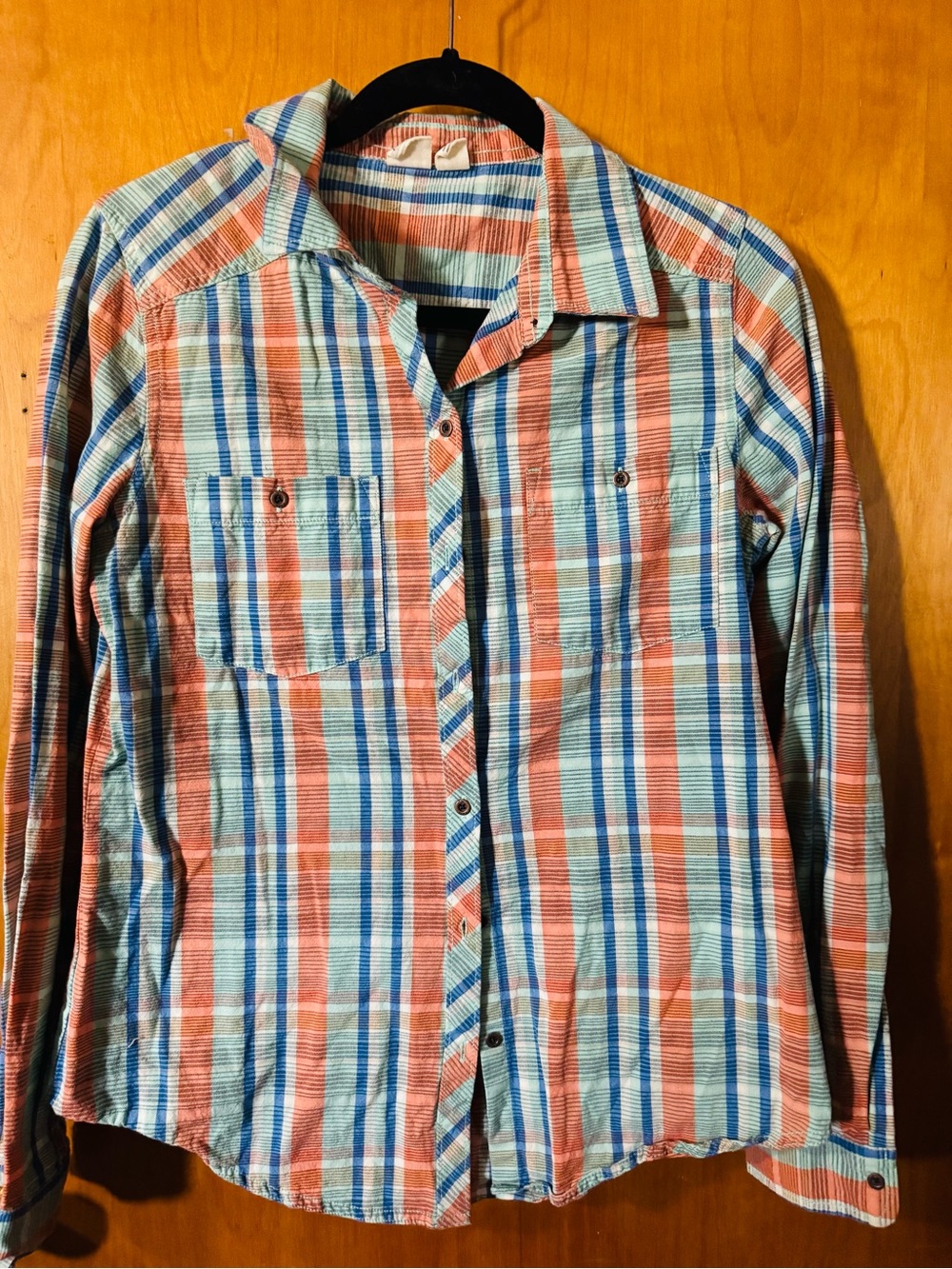 Roxy Coral and Light Blue Plaid Button-Down Shirt